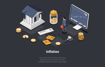 Illustration for Global World Financial Crisis Concept. Default, Inflation, Devaluation, Stock Market Crash. Shocked Man Investor Lose Money And Investments. Price Increase Process. Isometric 3d Vector Illustration. - Royalty Free Image
