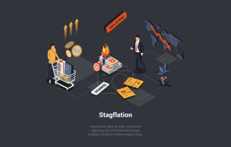 Illustration for Stagflation, Unemployment, Bankruptcy, Unpaid Loans, Mass Dismissal. Man At Downtrend Background. Economic Policy Dilemma , High Inflation, Exacerbate Unemployment. Isometric 3D Vector Illustration. - Royalty Free Image