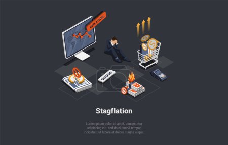 Illustration for Stagflation, Unemployment, Bankruptcy, Unpaid Loans And Mass Dismissal. Man Lost Capital. Economic Policy Dilemma , High Inflation, Exacerbate Unemployment. Isometric 3D Cartoon Vector Illustration. - Royalty Free Image