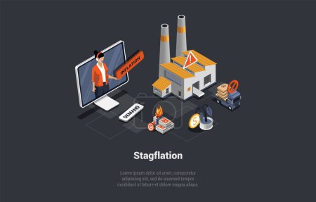 Illustration for Stagflation, Unemployment, Bankruptcy, Unpaid Loans And Mass Dismissal. Crisis At Manufacturing, Economic Policy Dilemma , High Inflation, Exacerbate Unemployment. Isometric 3D Vector Illustration. - Royalty Free Image