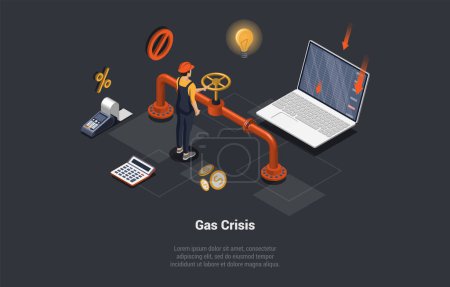 Illustration for Concept Of Natural Gas Crisis, Oil Embargo, Default, Economy Crisis And Bankruptcy. Restrictions on Natural Gas Supplies, Worker Closes Gas Valve In Pipeline. Isometric Cartoon 3D Vector illustration. - Royalty Free Image