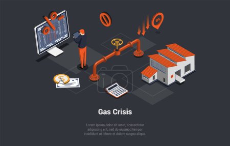 Illustration for Concept Of Natural Gas Crisis, Embargo, Default, Economy Crisis And Bankruptcy. Character Gas Price Analyst, Buy And Sell Natural Gas Futures At Stock Market. Isometric Cartoon 3D Vector illustration. - Royalty Free Image