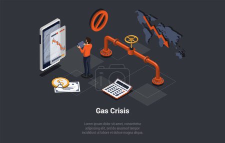 Illustration for Natural Gas Crisis Concept, Embargo, Default, Economy Crisis And Bankruptcy. Man Trader Gas Price Analyst, Buy And Sell Natural Gas Futures At Stock Market. Isometric Cartoon 3D Vector illustration. - Royalty Free Image