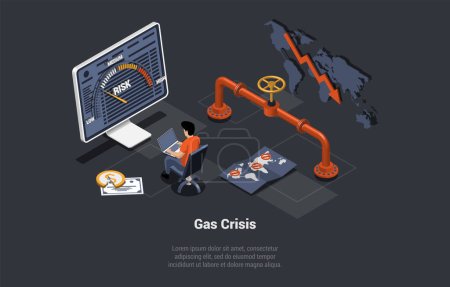 Natural Gas Crisis, Embargo, Default, Economy Crisis, Bankruptcy. Trader Gas Price Analyst, Buy And Sell Natural Gas Futures At Stock Market With Low Risk Management. Isometric 3D Vector illustration.