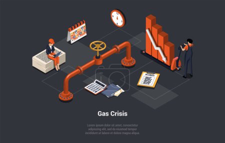 Illustration for Natural Gas Crisis, Embargo, Default, Economy Crisis, Bankruptcy. People Workers Making Natural Gas Supplies, Planning Budget And Control Mutual Settlements. Isometric 3D Cartoon Vector illustration. - Royalty Free Image