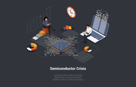 Illustration for Concept Of Semiconductor Crisis, Economy Crisis, Microchips Deficit For Manufacturing. High Tech Factory Engineer Use Computer for Programming Microchips. Isometric Cartoon 3D Vector illustration. - Royalty Free Image