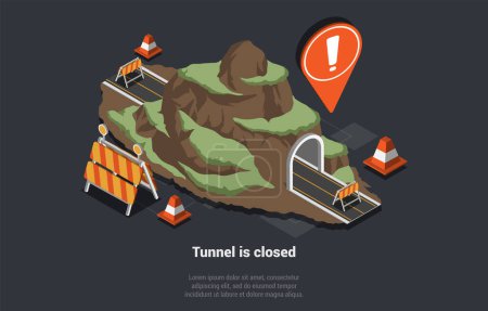 Illustration for Road Works, Tunnel Construction Composition. Closed Tunnel Due to Road Surface Repair Reasons. Road Construction Signs, Roadblock, Detour, Traffic Cones, Underground. Isometric 3d Vector Illustration. - Royalty Free Image