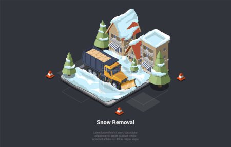 Concept Of Snow Removal Service. Winter Highway Snowplow Truck And Snow Cleaning Service Removes Snow And Ice From The Street Near Hotel And Residential Area. Isometric 3d Cartoon Vector Illustration.
