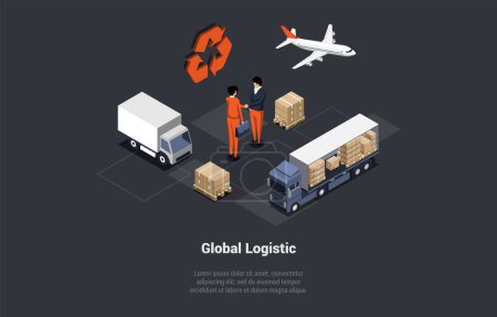 Illustration for Global Logistics Business. Air, Cargo Land Transportation, Maritime Shipping, Freight Courier Delivery. World Global Business, Businessmen Have Made Profitable Deal. Isometric 3d Vector Illustration. - Royalty Free Image