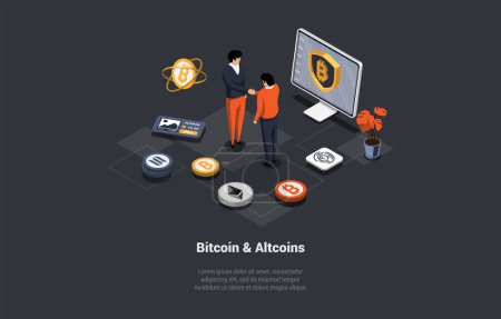 Ilustración de Cryptocurrency, Bitcoin And Altcoins Transaction. Blockchain Technology And Cryptocurrency Mining. Characters Made Successful Deal Using Crypto For Payment. Isometric 3d Cartoon Vector Illustration. - Imagen libre de derechos