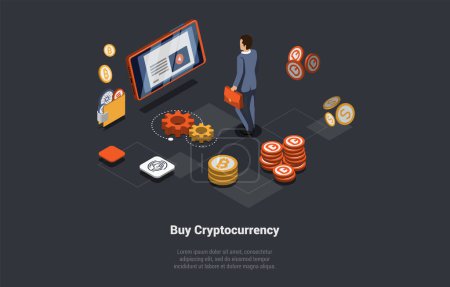 Ilustración de Blockchain Technology, Bitcoin, Altcoins And Cryptocurrency. Male Character Buy, Sell, Investing Money With High Risk In Cryptocurrency, Forms An Investment Portfolio. Isometric 3d Vector Illustration - Imagen libre de derechos