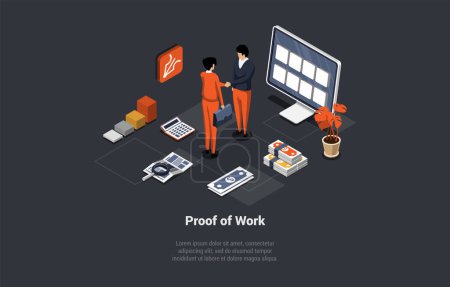 Blockchain Technology Proof Of Work. PoW Systems Offer Shortcut Computations That Allow Participants Who Know Secret, Man And Woman Have Made Successful Deal. Isometric 3d Cartoon Vector Illustration.