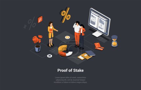 Illustration for Characters Use POS Technology, Cryptocurrency Consensus Mechanism For Processing Transactions, Work By Selecting Validators in Proportion To Quantity Of Holdings. Isometric 3d Vector Illustration. - Royalty Free Image