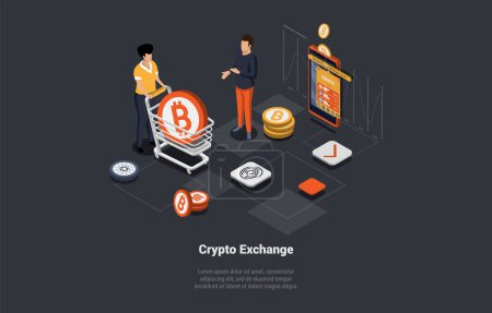 Ilustración de Blockchain Technology, Bitcoin, Altcoins, Trade By Cryptocurrency. Characters Buy And Sell Crypto On Stock Market Exchange Services With Mobile Application. Isometric 3d Cartoon Vector Illustration. - Imagen libre de derechos