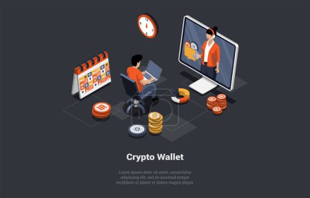 Female Character Buy Cryptocurrency And Hold It On Custodial And Non-Custodial Crypto Wallet. Girl Using Mobile Hardware Wallet To Pay For Goods And Service Online. Isometric 3D Vector Illustration.