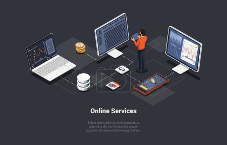 Online Services For Buy And Sell Digital Currency. Character Analyse Market And Buy Securities On Stock Market. Investment in Modern Technology Using Current Service. Isometric 3d Vector Illustration.