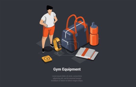 Concept Of Fitness And Workout. Set of Various Items For Gym Equipment. Smart Watch, Bag, Sport Water Bottle And Towel. Male Character With Sport Equipment. Isometric 3d Cartoon Vector Illustration.