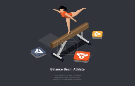 Illustration for Concept Of Healthy Lifestyle And Acrobatics. Female Character Acrobat Doing Exercises On a Gymnastic Beam. Character Use Balance Beam For Everyday Training. Isometric 3d Cartoon Vector Illustration. - Royalty Free Image