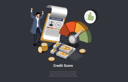 Concept Of Credit Score. Character Applying Documents For Mortgage Or Consumer Loan In Bank And Getting Report. Measurement From Poor to Excellent Rating For Credit. Isometric 3d Vector Illustration.