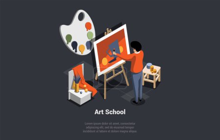 Illustration for Concept Of Online School Graphic Designer And Digital Art Drawing Courses. Boy Engaged In Creativity, Paints on Easel. Character Paints Picture In Classroom. Isometric 3d Cartoon Vector Illustration. - Royalty Free Image
