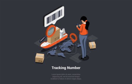 Illustration for Concept Of Tracking Number, Post Service Tracking And Parcel Localisation. Girl Checking Maritime Parcel Status Localisation On Smartphone With Courier Application. Isometric 3d Vector Illustration. - Royalty Free Image