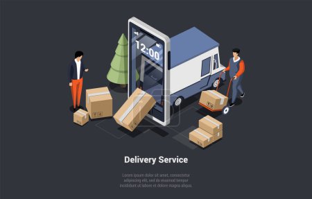 Mobile Application Online For Courier Delivery Home And Office Service Concept. Couriers Loading Cardboard Box Into Van To Deliver Parcel To Customer Address. Isometric 3d Cartoon Vector Illustration.