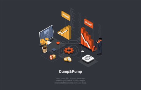 Téléchargez les illustrations : Forex, Stock Market Practice of Inflating Stock Prices to Produce Value, Dump And Pump. Man Market Maker With Pallet Jack Is Moving Price On Stock Market Exchange. Isometric 3d Vector Illustration. - en licence libre de droit