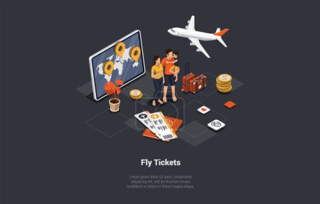 Online Flugtickets per App kaufen, mit dem Flugzeug reisen. Familie wartet auf Abflug am Flughafen Charaktere, die Boarding Pass und Check-In-Gepäck bekommen. Isometrische 3D-Vektor-Illustration.