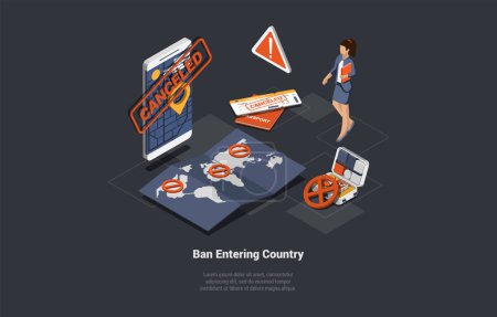 Cancellation Visa Or Trip, Business Woman Got Ban On Entering Country Because Of Sanctions. Economic, Political Sanctions Imposed on Individual Citizen And Countries. Isometric 3d Vector Illustration.