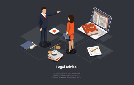 Concept Of Legal Advice. Law Education, Justice and Equality, Professional Lawsuits Guidance. Lawyer Or Notary, Man Refers To Law. Signing Legal Contract In Office. Isometric 3d Vector Illustration.
