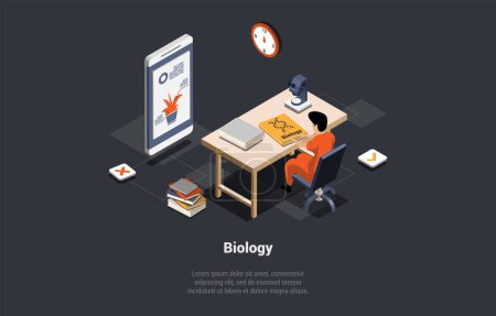 Illustration for Concept Of Biology And Science. Scientist Man Make Biological Experiments In Laboratory Use Microscope, Smartphone And Chemistry And Professional Equipment. Isometric Cartoon 3d Vector Illustration. - Royalty Free Image