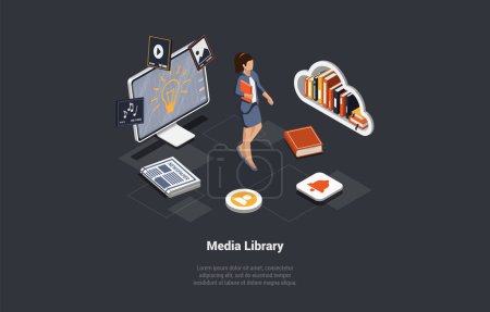 Illustration for Self Education And Media Library. Girl Take A Book In Electronic Library. Modern Digital Library With Character, Monitor Screen And Book Stacks In A CLoud. Isometric 3d Cartoon Vector Illustration. - Royalty Free Image