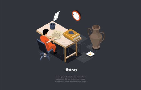 Illustration for History Subject Concept. Classroom with Student. Ancient Symbols, Vase, Inkwell With A Pen, Piece of Parchment, History Book. Man Writes Text On Piece Of Parchment. Isometric 3d Vector Illustration. - Royalty Free Image
