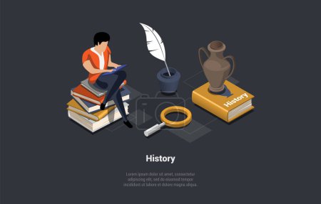 Illustration for History Subject Concept. Student Sitting On History Books Stack. Ancient Symbols, Vase, Inkwell With Pen. Male Character Learning Ancient History With Tablet. Isometric 3d Cartoon Vector Illustration. - Royalty Free Image