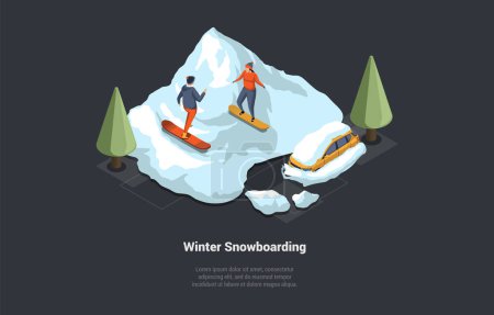 Konzept von Winterurlaub und Skiurlaub. Winterlandschaft mit Auto mit verschneitem Dach. Mann und Frau fahren Snowboard bergab und haben viel Spaß zusammen. Isometrische 3D Vektor Illustration.