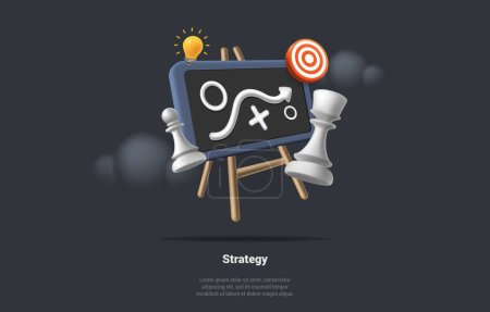 Illustration for Business Strategy, Marketing Solution, Strategic Vision, First Steps To Start New Business. Chess and Chessboard On Board With Target And Light Bulb Icon. 3D Rendering Realistic Vector Illustration. - Royalty Free Image