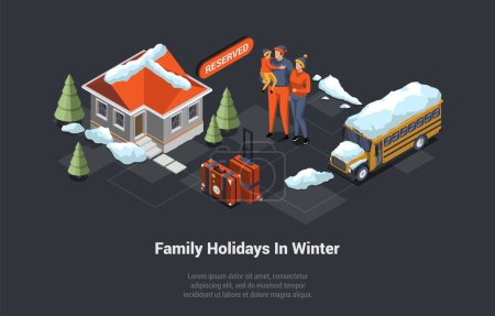 Illustration for Winter Travelling, Book Hotel, Family Christmas Holidays Vacations. Family Planning Winter Vacations. Father, Mother And Child Have Arrived To Winter Hotel By Bus. Isometric 3D Vector Illustration. - Royalty Free Image
