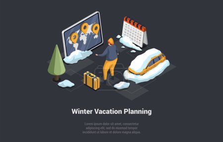 Concept Of Winter Holidays, Family Christmas Vacations. Man With Luggage Is Planning Winter Vacations. Character Book Hotel, Buy Tickets Online On Computer. Isometric 3D Cartoon Vector Illustration.