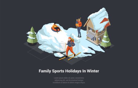 Illustration for Christmas Vacations, Family Sports Holiday In Winter. People Skiing Sledding And Spending Time Outdoors, Family Activities in Winter With Parents And Young Children. Isometric 3D Vector Illustration. - Royalty Free Image
