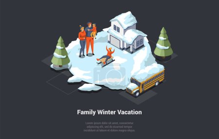 Illustration for Christmas Vacations, Family Holidays In Winter. People Sledding And Spending Time Outdoors, Family Fun Activities On Backyard With Parents And Young Children. Isometric 3D Cartoon Vector Illustration. - Royalty Free Image