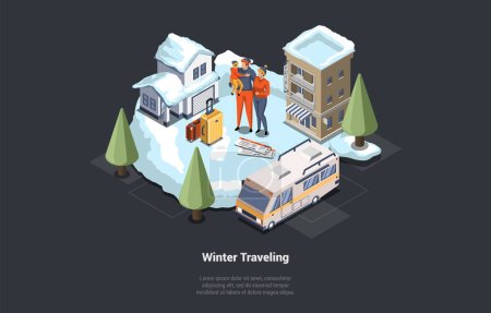 Family Winter Holidays And Winter Traveling. Mother, Father And Little Child Ready To Go On Winter Vacations By Motorhome Or RV. Characters Book Hotel In Mountains. Isometric 3D Vector Illustration.