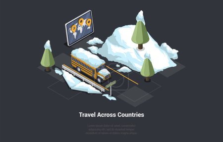 Illustration for World Tourism And Travel Across Country. Snowy Bus In Mountains Parked On Parking. Help in choosing best route, parking lots, gas stations, and interesting locations. Isometric 3d Vector Illustration. - Royalty Free Image