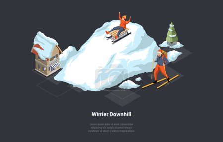 Illustration for Concept Of Extreme Fun Activities, Christmas Vacations, Family Holidays In Winter. Man And Woman Skiing And Sledding Downhill, Spending Time Outdoors In Mountains. Isometric 3D Vector Illustration. - Royalty Free Image