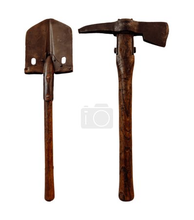 Photo for Old shovel and pickaxe for military camp isolated on white background. - Royalty Free Image
