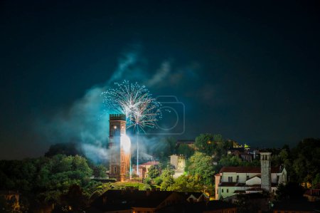 Photo for Explosion of colors. Fireworks. Cassacco Castle, Friuli, Italy. - Royalty Free Image