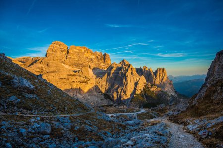 The Tre Cime di Lavaredo also called the Drei Zinnen are three distinctive battlement-like peaks, in the Sexten Dolomites of northeastern Italy.