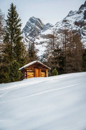 scenic shot of snowy La Val, Alta Val Badia, South Tyrol. Italy