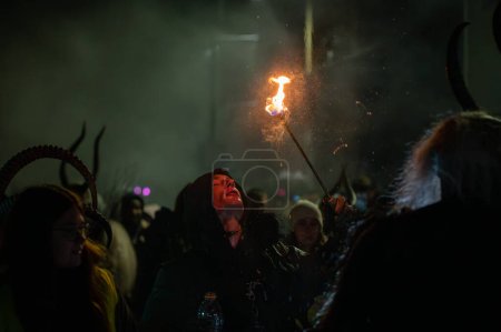 Photo for Tarvisio, Italy - December 8, 2022: Krampus traditional show at Pontebba night in Italy. - Royalty Free Image