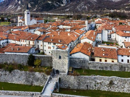 Photo for Aerial view of ancient Venzone town surrounded with stone walls - Royalty Free Image
