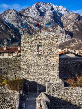 aerial view of ancient Venzone town surrounded with stone walls